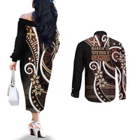 Samoa Siapo Classic Motif Couples Matching Off The Shoulder Long Sleeve Dress and Long Sleeve Button Shirt Manuia le tutoatasi o Samoa Independence Black Style LT7 - Polynesian Pride