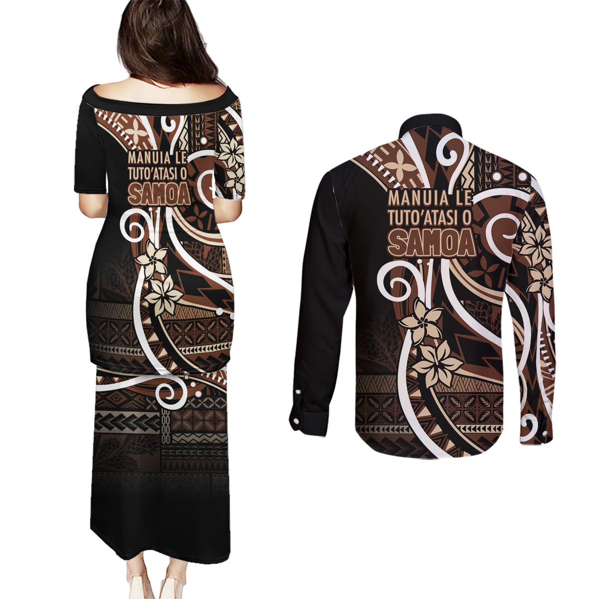 Samoa Siapo Classic Motif Couples Matching Puletasi and Long Sleeve Button Shirt Manuia le tutoatasi o Samoa Independence Black Style LT7 - Polynesian Pride