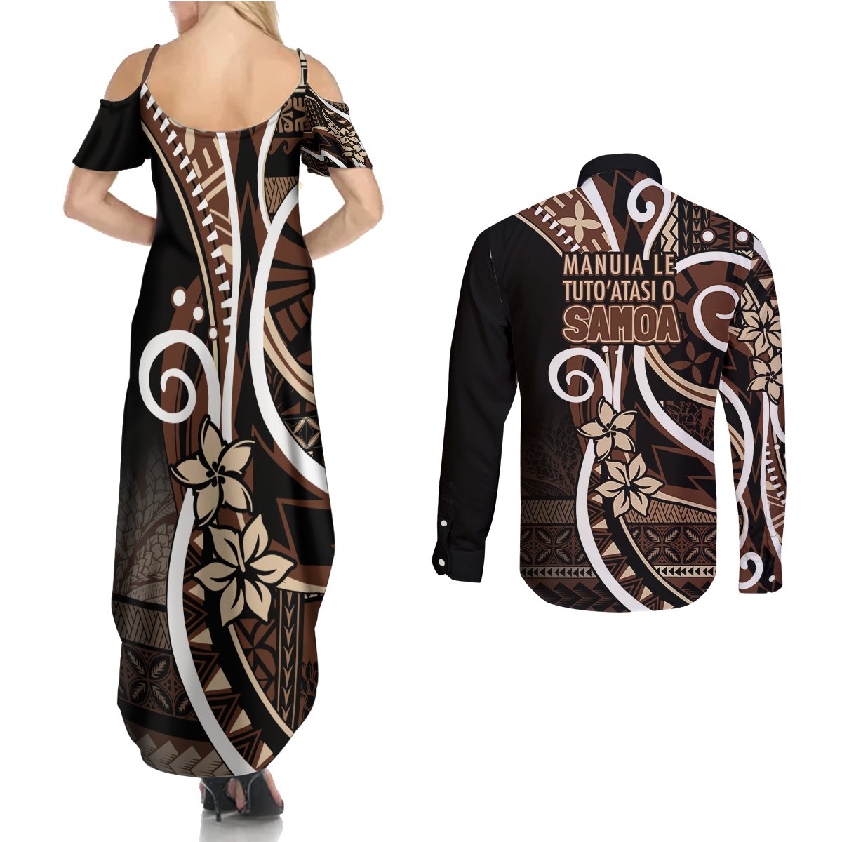 Samoa Siapo Classic Motif Couples Matching Summer Maxi Dress and Long Sleeve Button Shirt Manuia le tutoatasi o Samoa Independence Black Style LT7 - Polynesian Pride