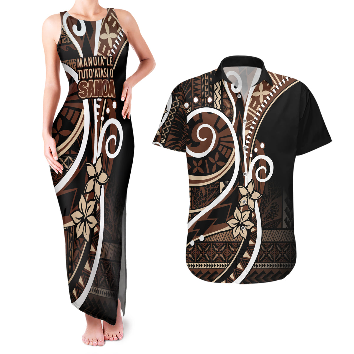 Samoa Siapo Classic Motif Couples Matching Tank Maxi Dress and Hawaiian Shirt Manuia le tutoatasi o Samoa Independence Black Style LT7 Black - Polynesian Pride