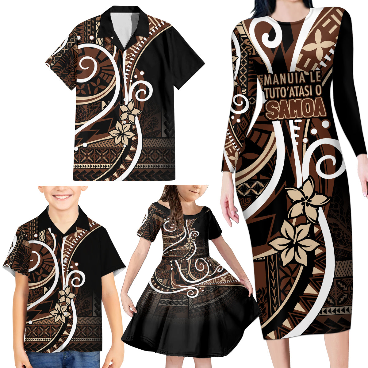 Samoa Siapo Classic Motif Family Matching Long Sleeve Bodycon Dress and Hawaiian Shirt Manuia le tutoatasi o Samoa Independence Black Style LT7 - Polynesian Pride