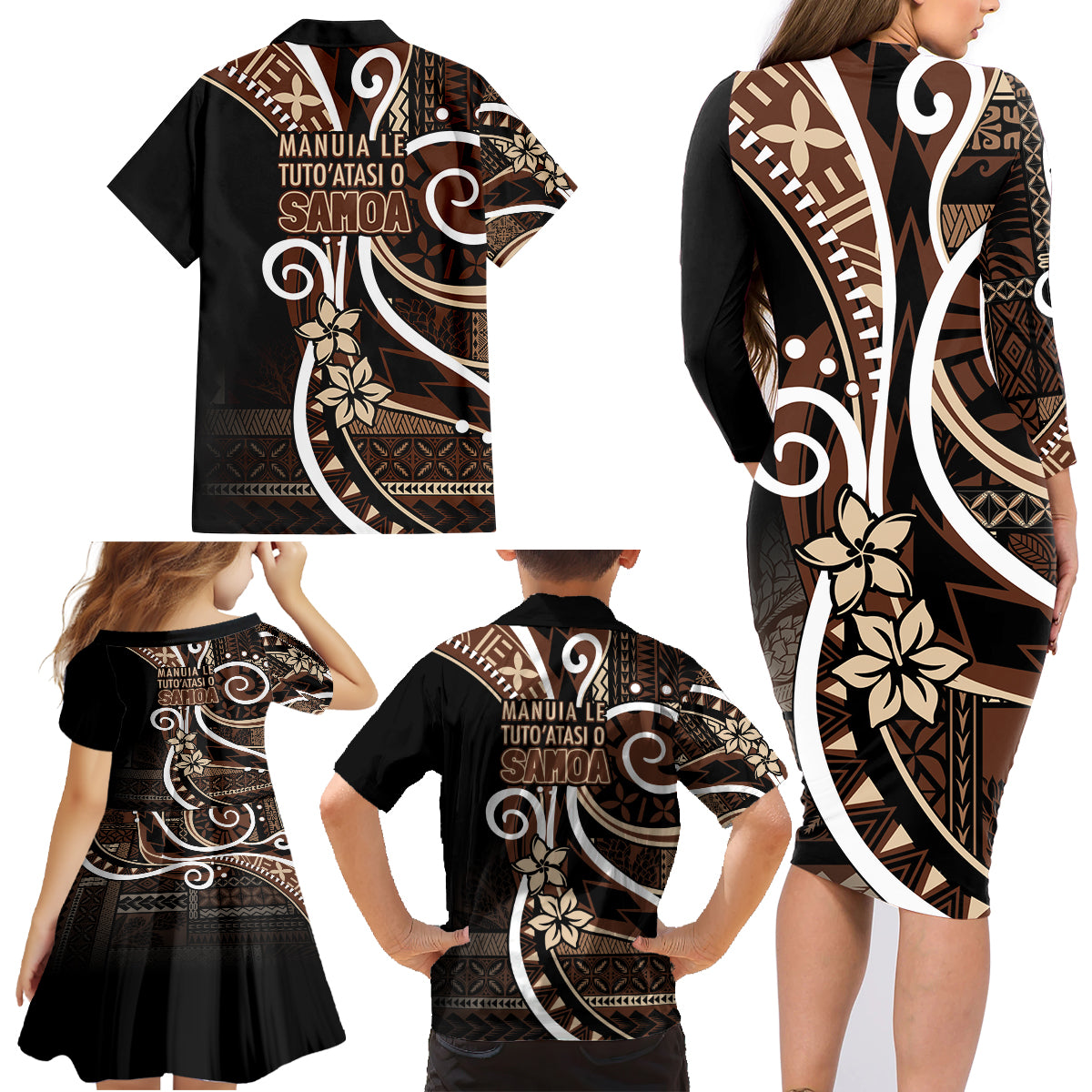 Samoa Siapo Classic Motif Family Matching Long Sleeve Bodycon Dress and Hawaiian Shirt Manuia le tutoatasi o Samoa Independence Black Style LT7 - Polynesian Pride
