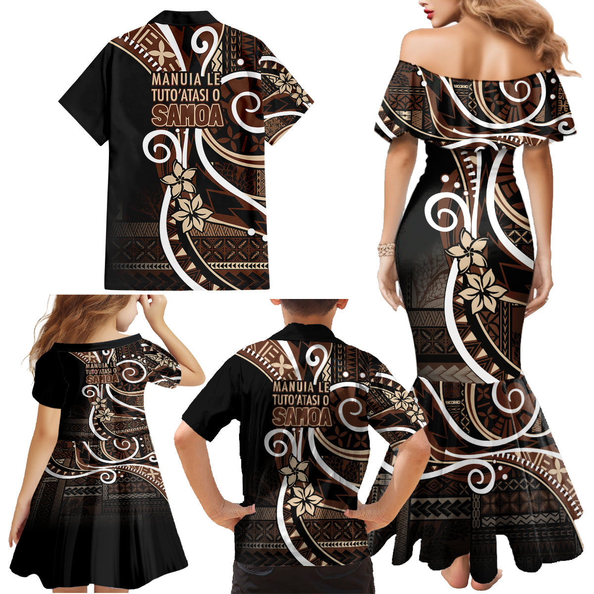 Samoa Siapo Classic Motif Family Matching Mermaid Dress and Hawaiian Shirt Manuia le tutoatasi o Samoa Independence Black Style LT7 - Polynesian Pride