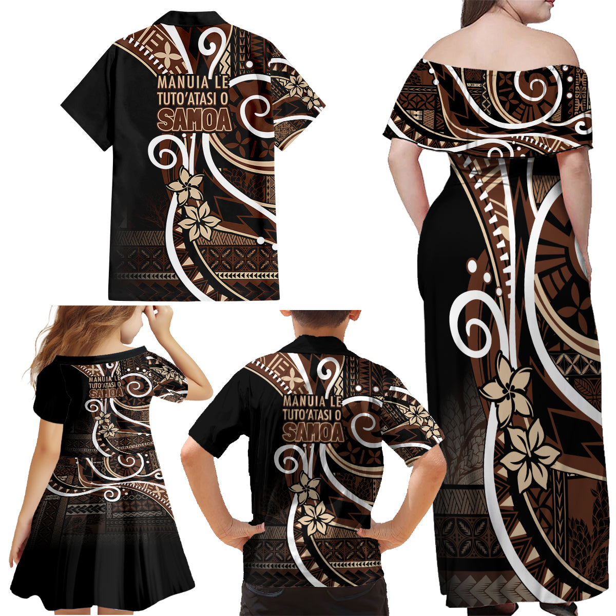 Samoa Siapo Classic Motif Family Matching Off Shoulder Maxi Dress and Hawaiian Shirt Manuia le tutoatasi o Samoa Independence Black Style LT7 - Polynesian Pride