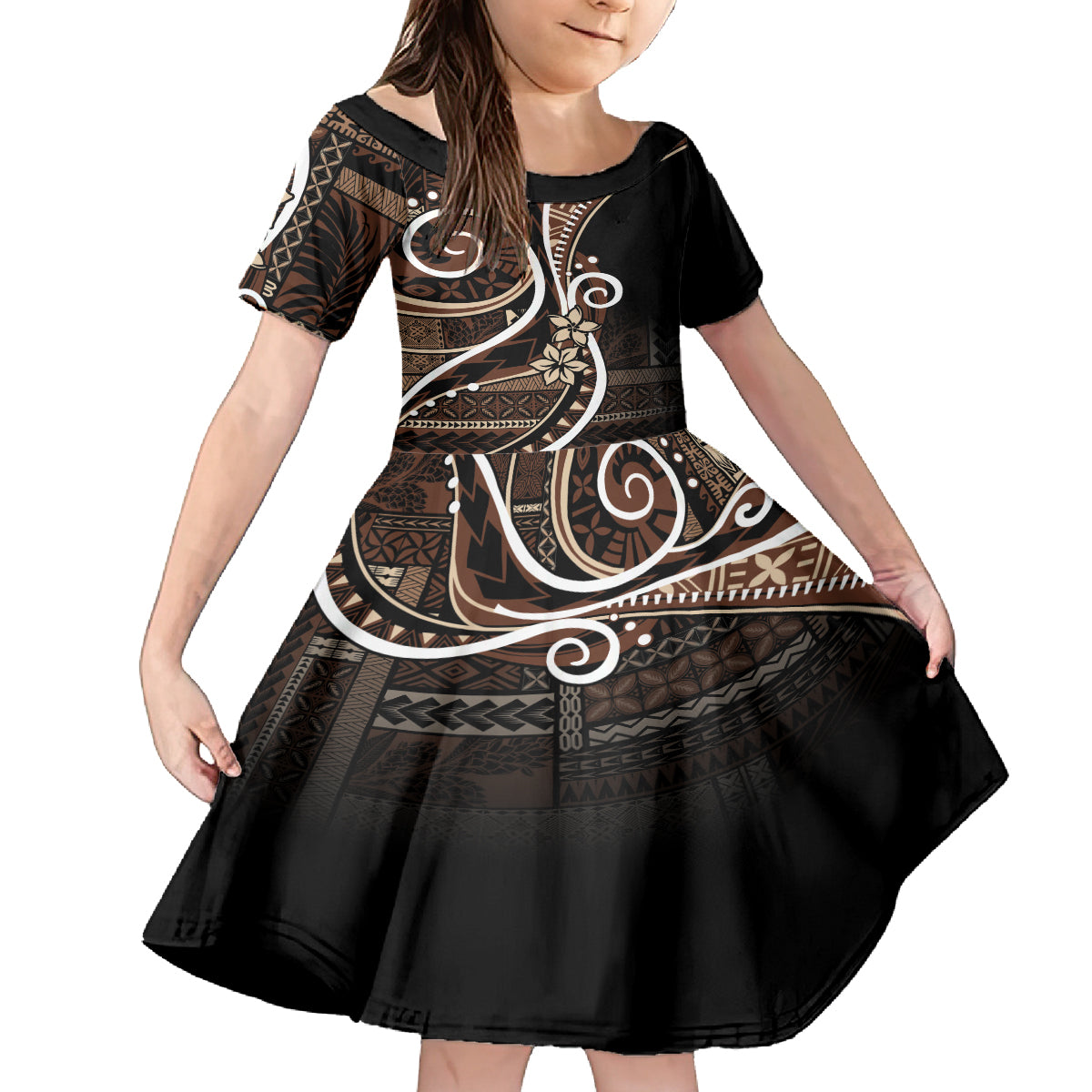 Samoa Siapo Classic Motif Family Matching Off Shoulder Short Dress and Hawaiian Shirt Manuia le tutoatasi o Samoa Independence Black Style LT7 Daughter's Dress Black - Polynesian Pride