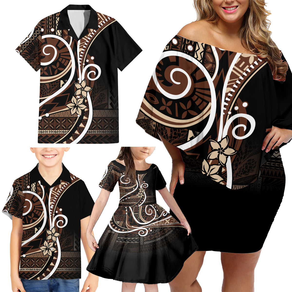 Samoa Siapo Classic Motif Family Matching Off Shoulder Short Dress and Hawaiian Shirt Manuia le tutoatasi o Samoa Independence Black Style LT7 - Polynesian Pride