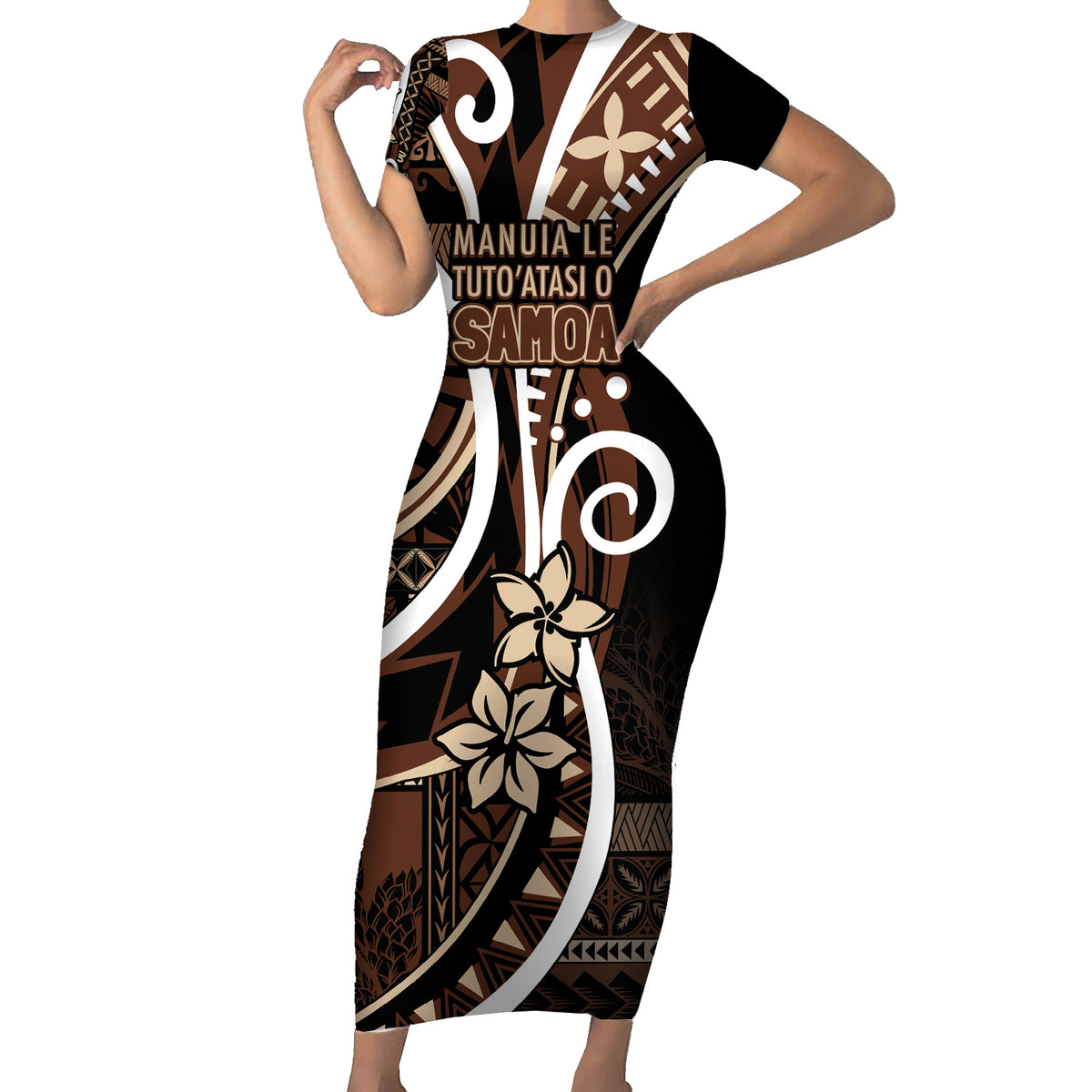 Samoa Siapo Classic Motif Family Matching Short Sleeve Bodycon Dress and Hawaiian Shirt Manuia le tutoatasi o Samoa Independence Black Style LT7 Mom's Dress Black - Polynesian Pride