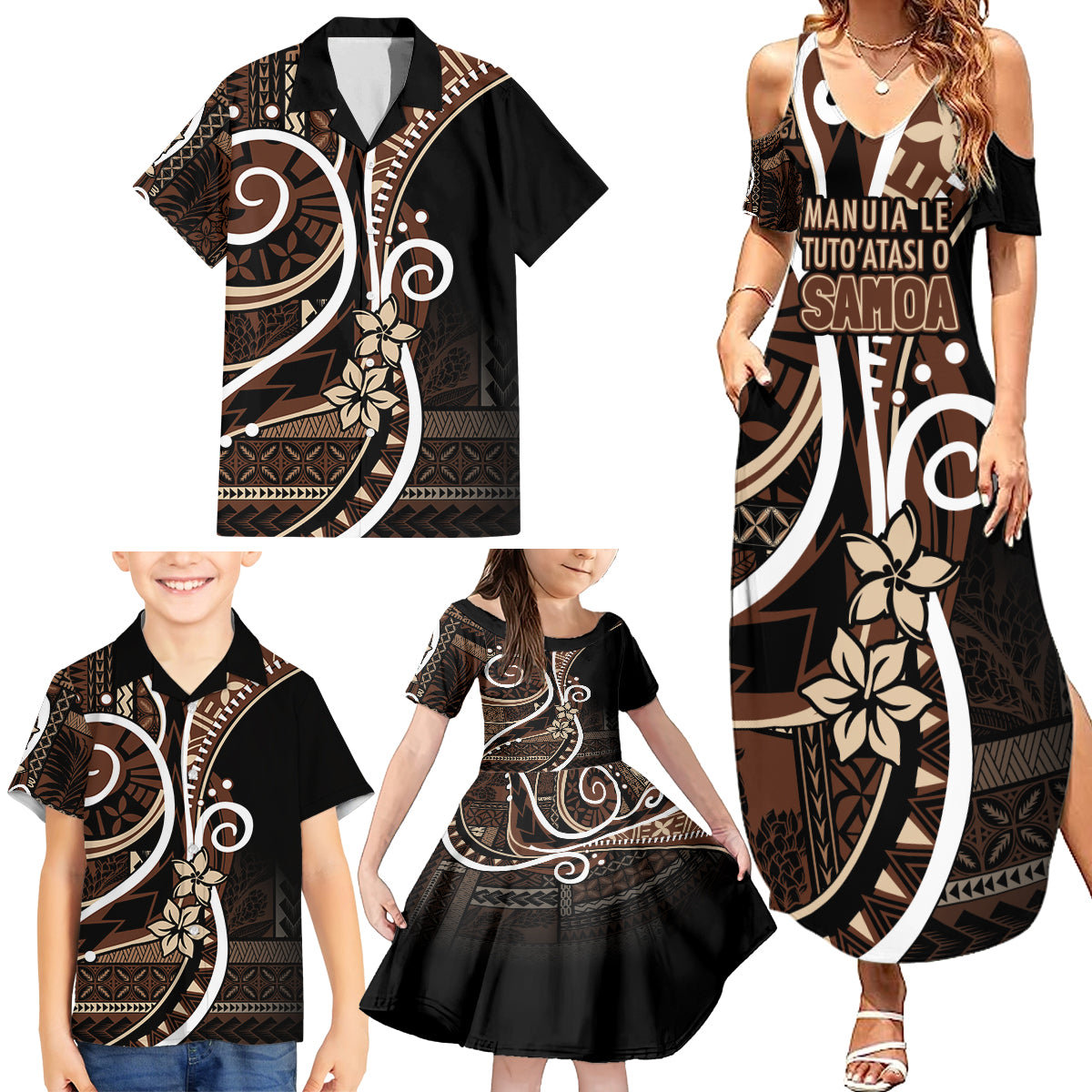 Samoa Siapo Classic Motif Family Matching Summer Maxi Dress and Hawaiian Shirt Manuia le tutoatasi o Samoa Independence Black Style LT7 - Polynesian Pride