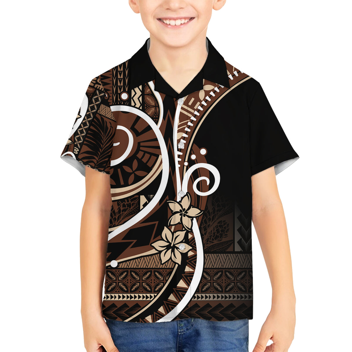 Samoa Siapo Classic Motif Family Matching Summer Maxi Dress and Hawaiian Shirt Manuia le tutoatasi o Samoa Independence Black Style LT7 Son's Shirt Black - Polynesian Pride