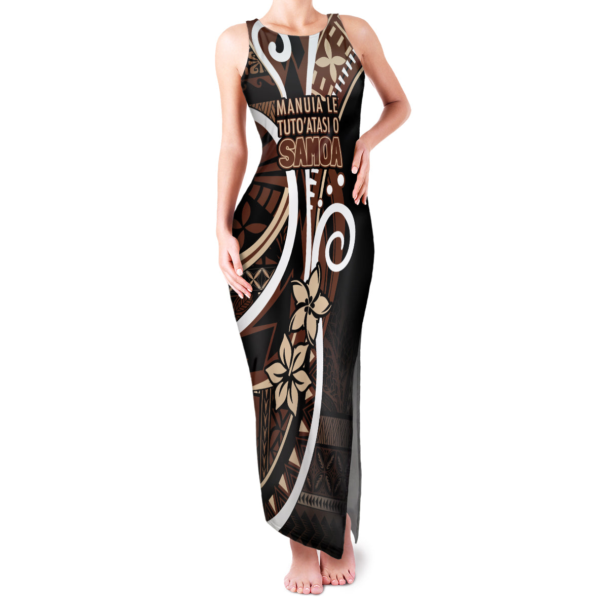 Samoa Siapo Classic Motif Family Matching Tank Maxi Dress and Hawaiian Shirt Manuia le tutoatasi o Samoa Independence Black Style LT7 Mom's Dress Black - Polynesian Pride
