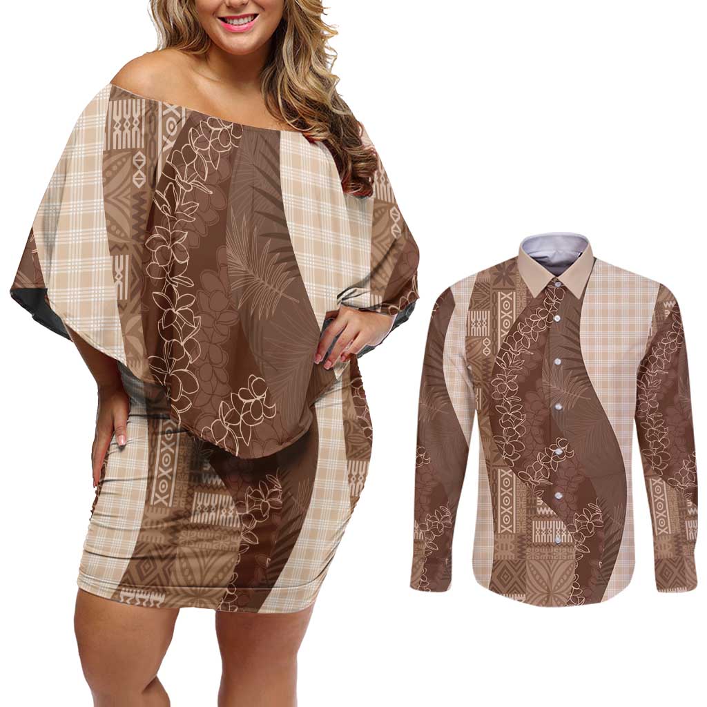 Polynesian Tribal Pattern Patchwork Picturesque Couples Matching Off Shoulder Short Dress and Long Sleeve Button Shirt Mocha LT7 Mocha - Polynesian Pride