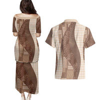 Polynesian Tribal Pattern Patchwork Picturesque Couples Matching Puletasi and Hawaiian Shirt Mocha