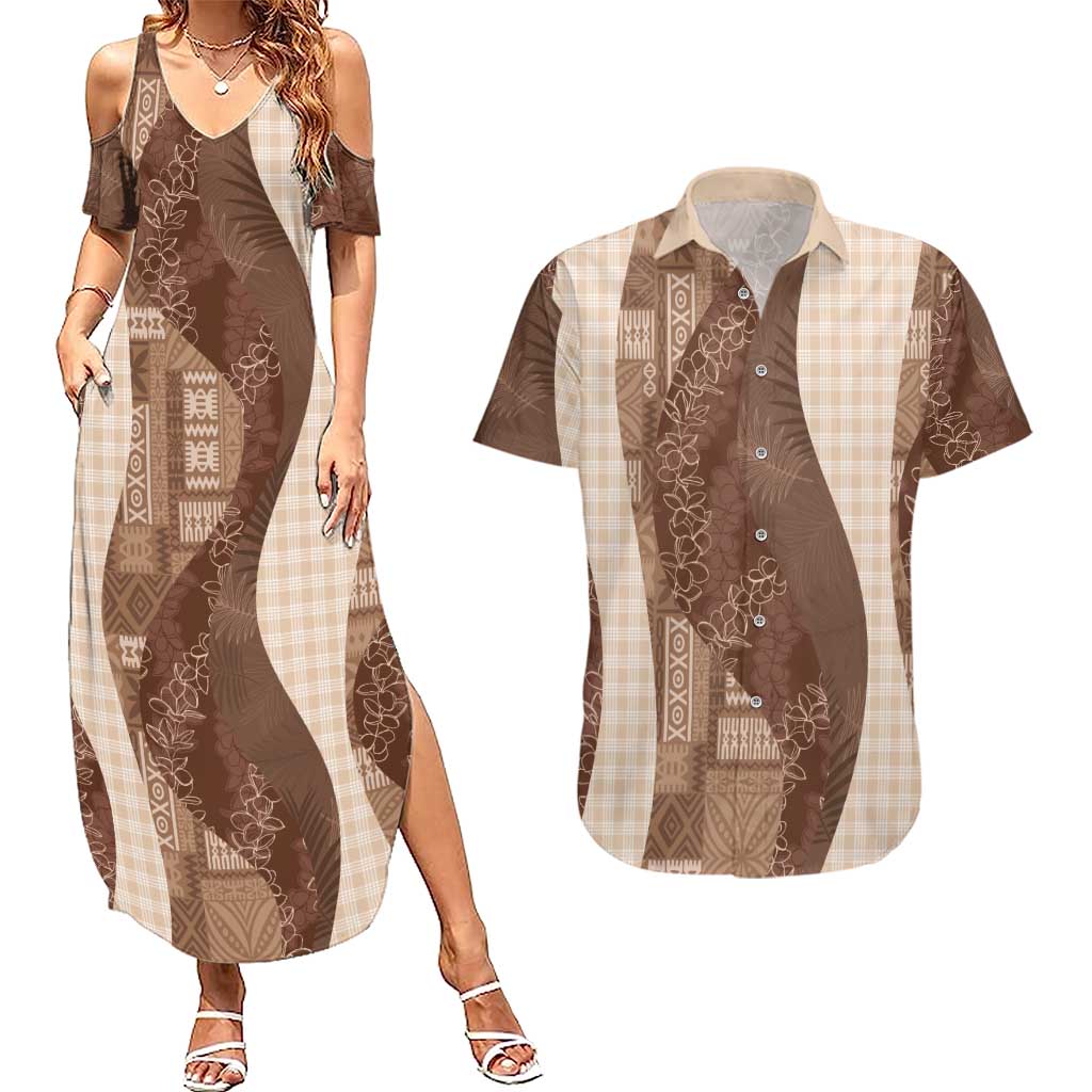Polynesian Tribal Pattern Patchwork Picturesque Couples Matching Summer Maxi Dress and Hawaiian Shirt Mocha