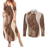 Polynesian Tribal Pattern Patchwork Picturesque Couples Matching Summer Maxi Dress and Long Sleeve Button Shirt Mocha