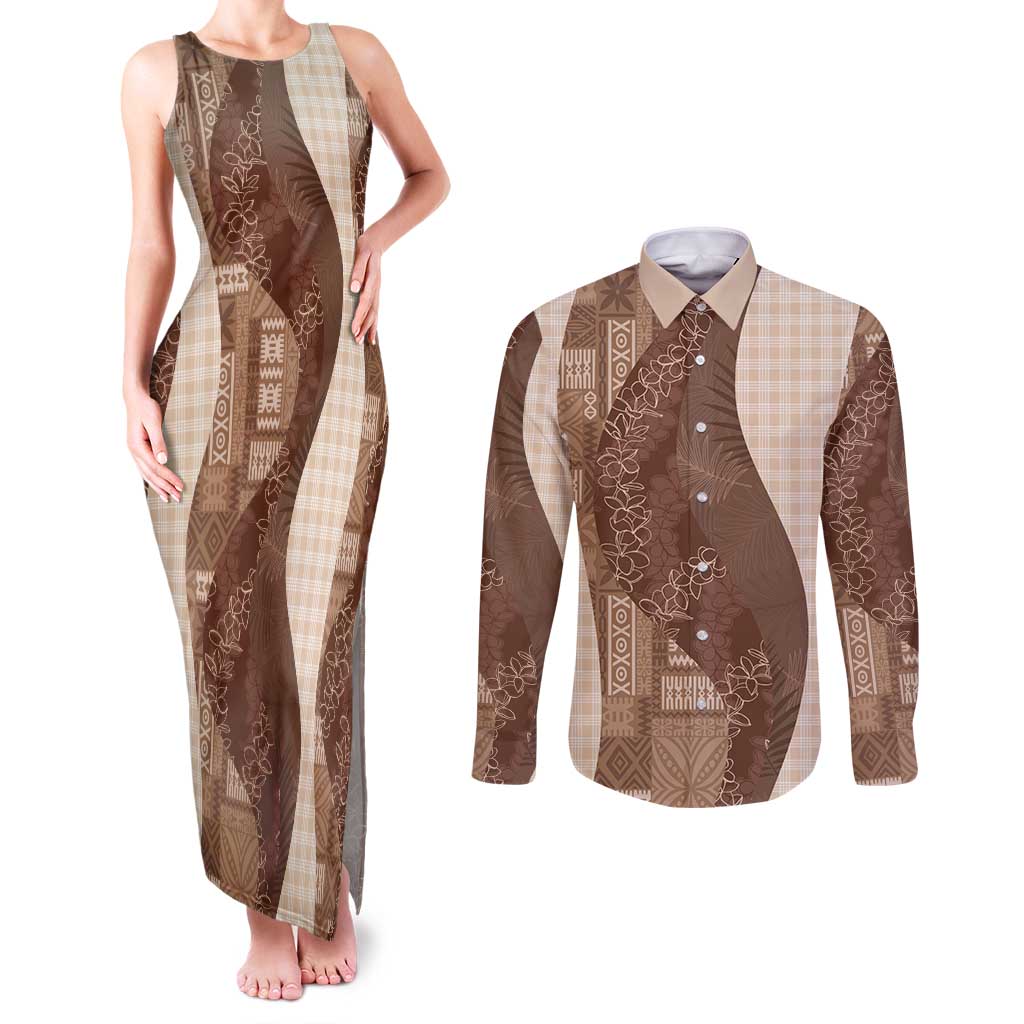 Polynesian Tribal Pattern Patchwork Picturesque Couples Matching Tank Maxi Dress and Long Sleeve Button Shirt Mocha LT7 Mocha - Polynesian Pride