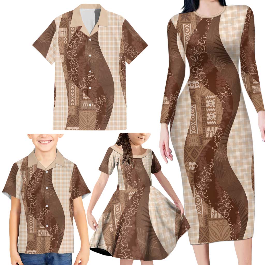 Polynesian Tribal Pattern Patchwork Picturesque Family Matching Long Sleeve Bodycon Dress and Hawaiian Shirt Mocha LT7 - Polynesian Pride