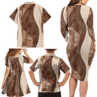 Polynesian Tribal Pattern Patchwork Picturesque Family Matching Long Sleeve Bodycon Dress and Hawaiian Shirt Mocha LT7 - Polynesian Pride