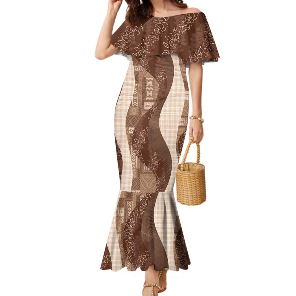 Polynesian Tribal Pattern Patchwork Picturesque Family Matching Mermaid Dress and Hawaiian Shirt Mocha LT7 Mom's Dress Mocha - Polynesian Pride