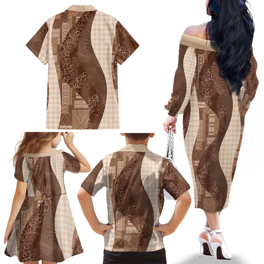 Polynesian Tribal Pattern Patchwork Picturesque Family Matching Off The Shoulder Long Sleeve Dress and Hawaiian Shirt Mocha LT7 - Polynesian Pride