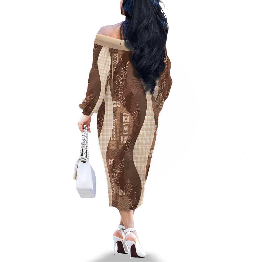 Polynesian Tribal Pattern Patchwork Picturesque Family Matching Off The Shoulder Long Sleeve Dress and Hawaiian Shirt Mocha LT7 - Polynesian Pride
