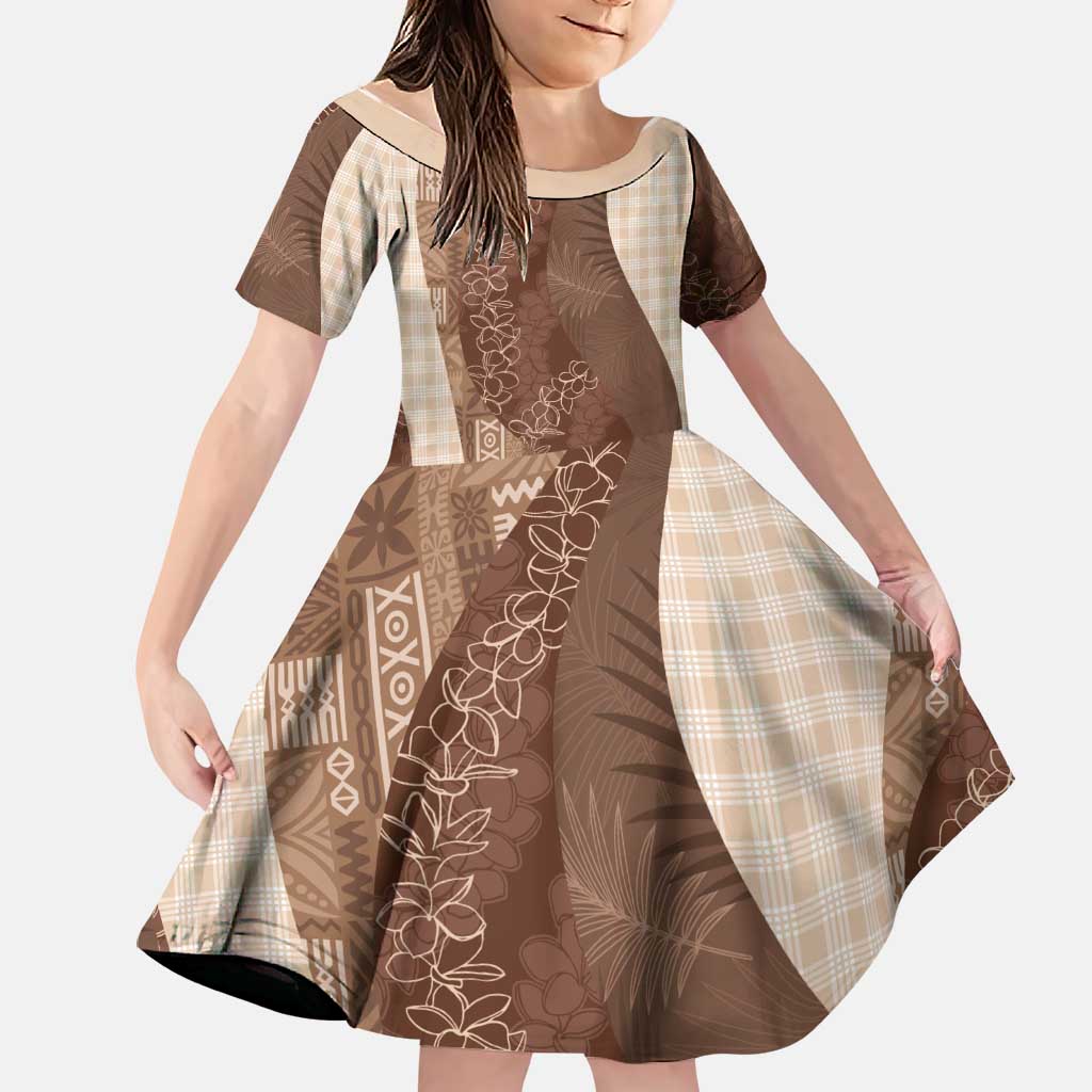 Polynesian Tribal Pattern Patchwork Picturesque Family Matching Off Shoulder Maxi Dress and Hawaiian Shirt Mocha