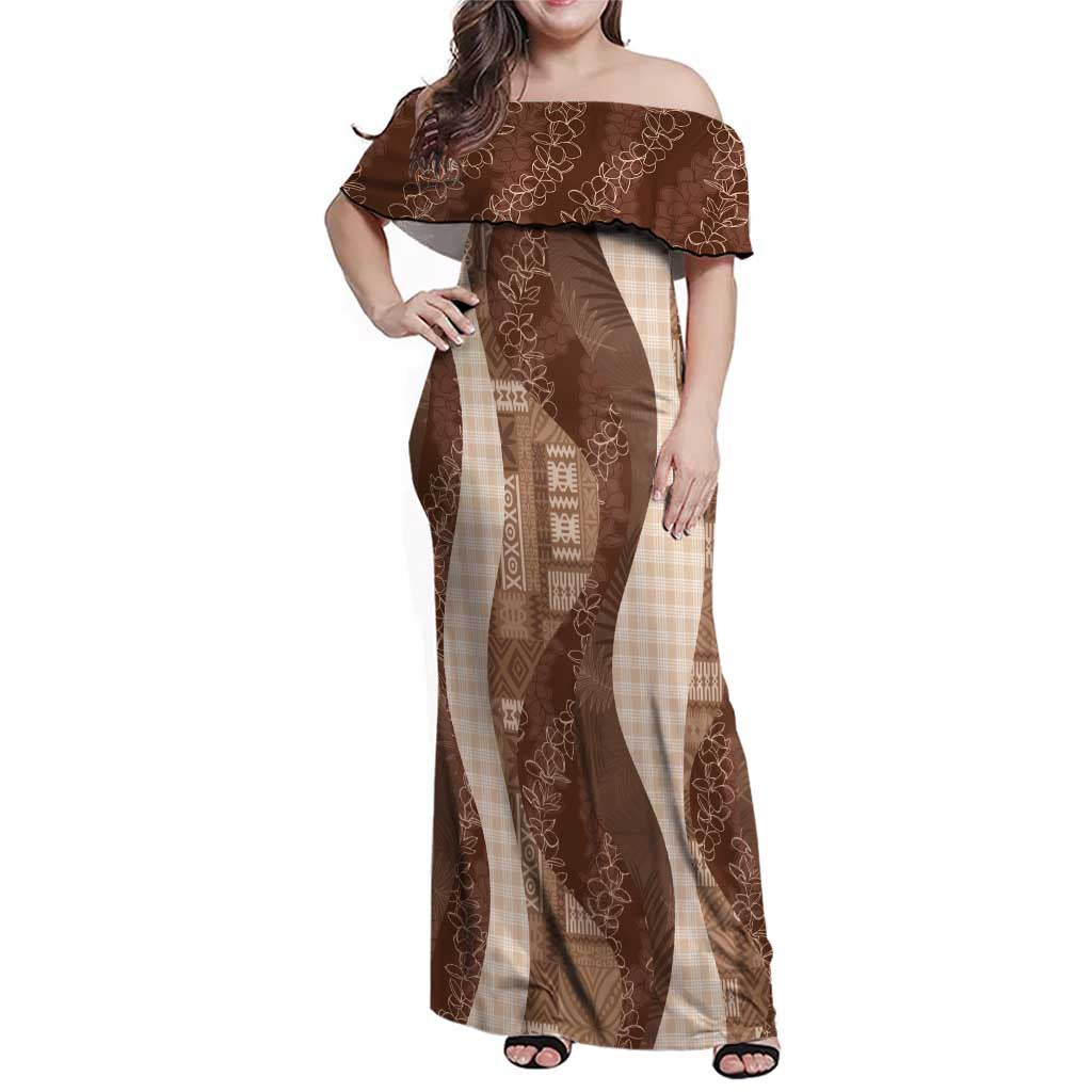 Polynesian Tribal Pattern Patchwork Picturesque Family Matching Off Shoulder Maxi Dress and Hawaiian Shirt Mocha
