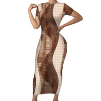 Polynesian Tribal Pattern Patchwork Picturesque Family Matching Short Sleeve Bodycon Dress and Hawaiian Shirt Mocha LT7 Mom's Dress Mocha - Polynesian Pride