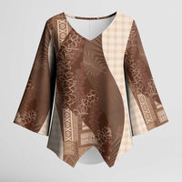 Polynesian Tribal Pattern Patchwork Picturesque Kimono Sleeve Blouse Mocha