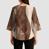 Polynesian Tribal Pattern Patchwork Picturesque Kimono Sleeve Blouse Mocha