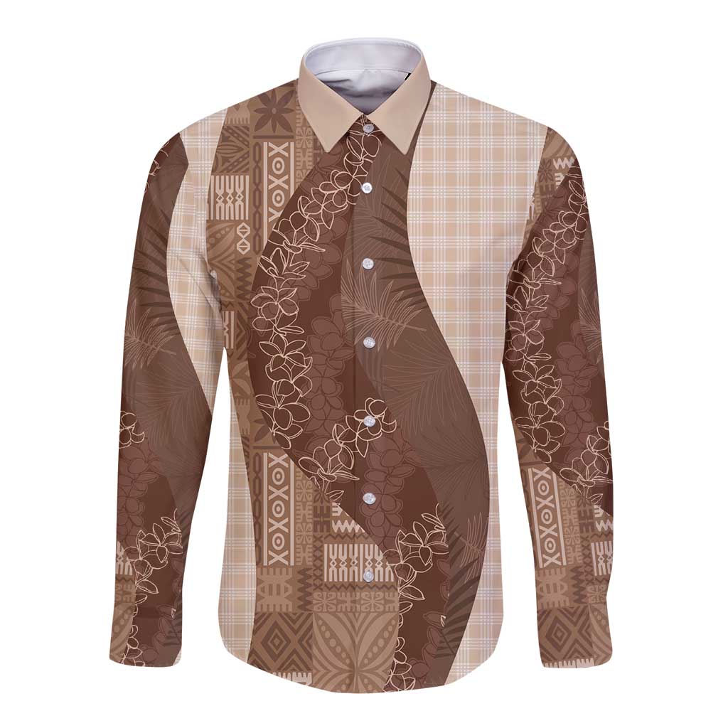 Polynesian Tribal Pattern Patchwork Picturesque Long Sleeve Button Shirt Mocha