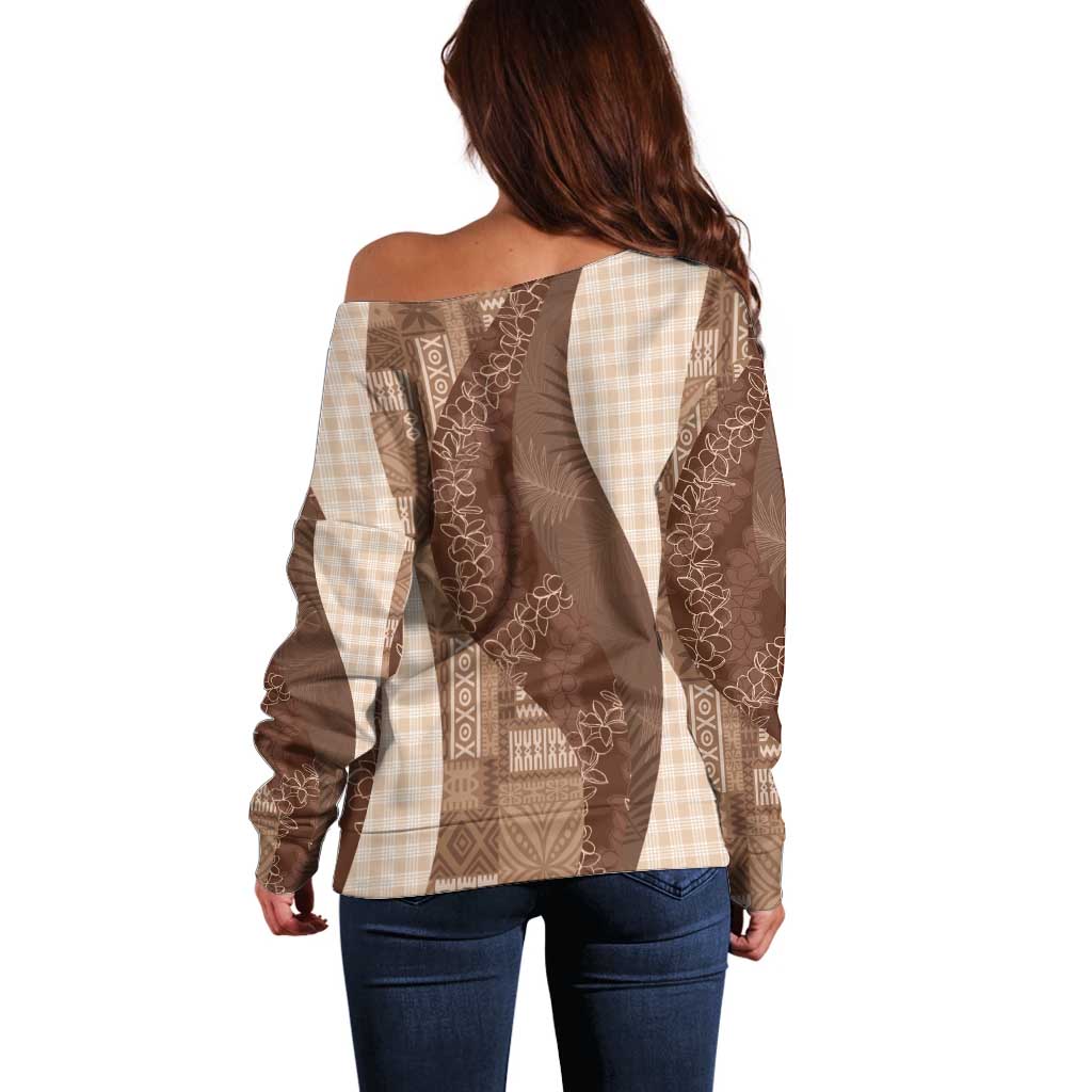 Polynesian Tribal Pattern Patchwork Picturesque Off Shoulder Sweater Mocha