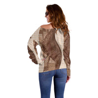 Polynesian Tribal Pattern Patchwork Picturesque Off Shoulder Sweater Mocha