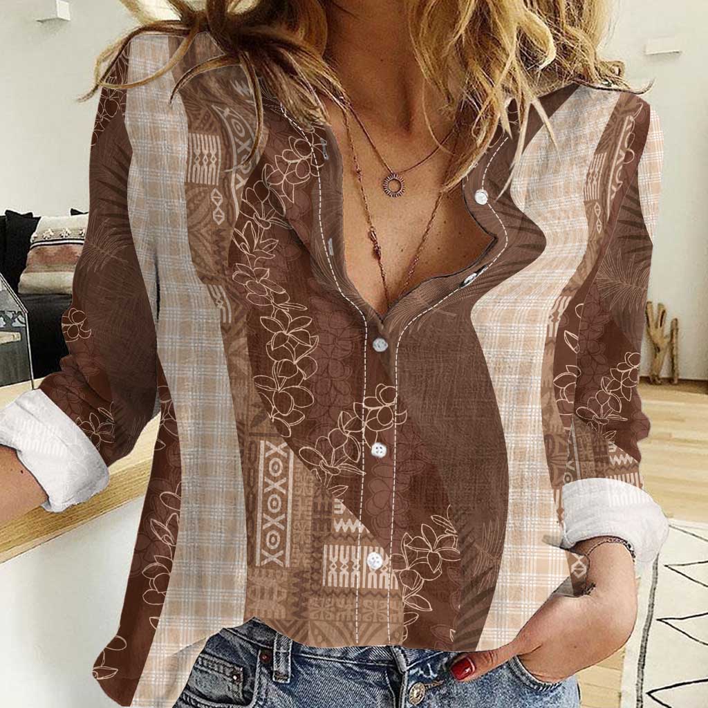 Polynesian Tribal Pattern Patchwork Picturesque Women Casual Shirt Mocha