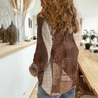 Polynesian Tribal Pattern Patchwork Picturesque Women Casual Shirt Mocha
