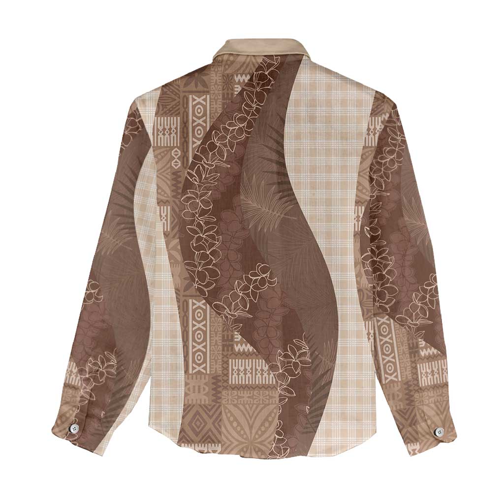 Polynesian Tribal Pattern Patchwork Picturesque Women Casual Shirt Mocha