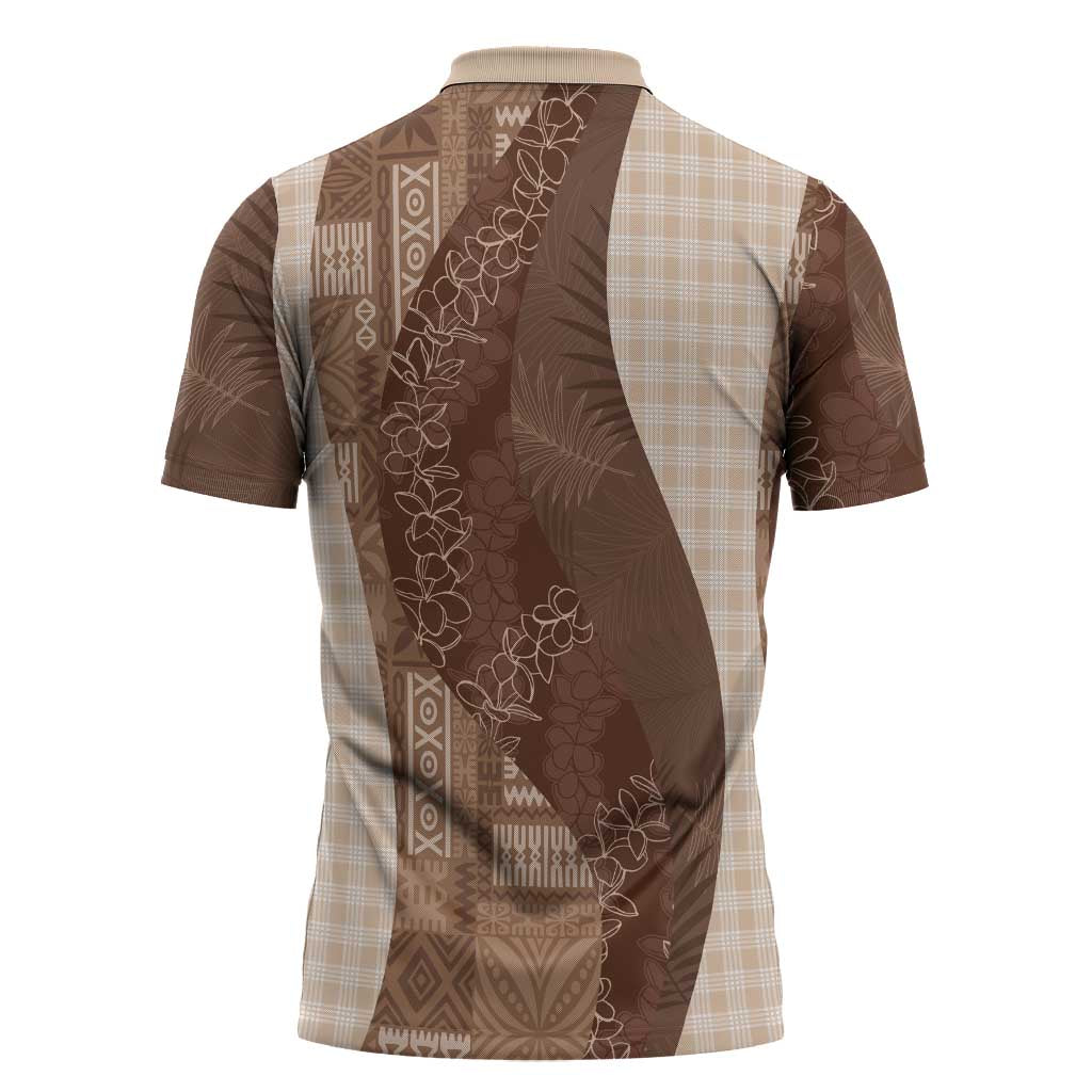 Polynesian Tribal Pattern Patchwork Picturesque Zipper Polo Shirt Mocha