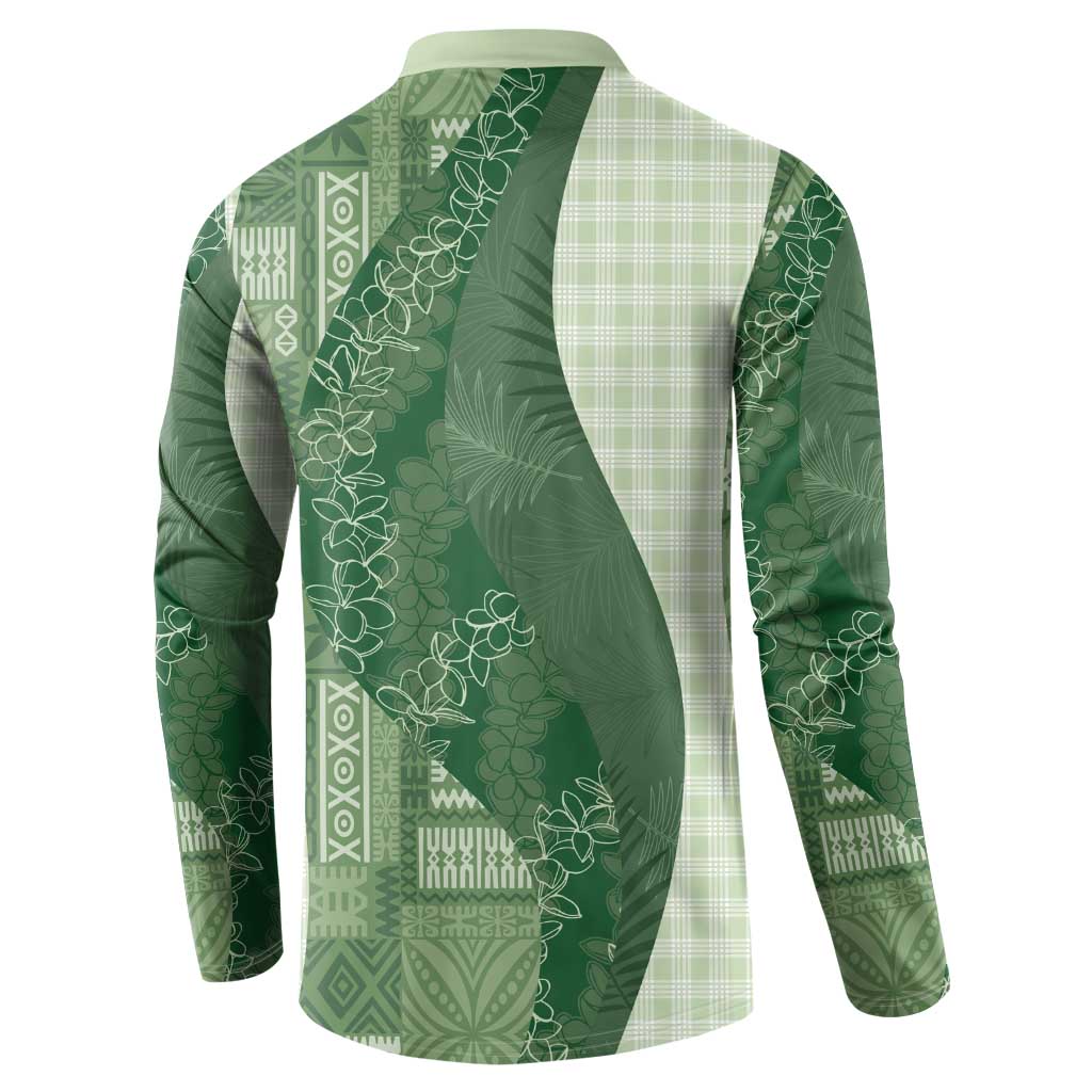Polynesian Tribal Pattern Patchwork Picturesque Button Sweatshirt Sage Green