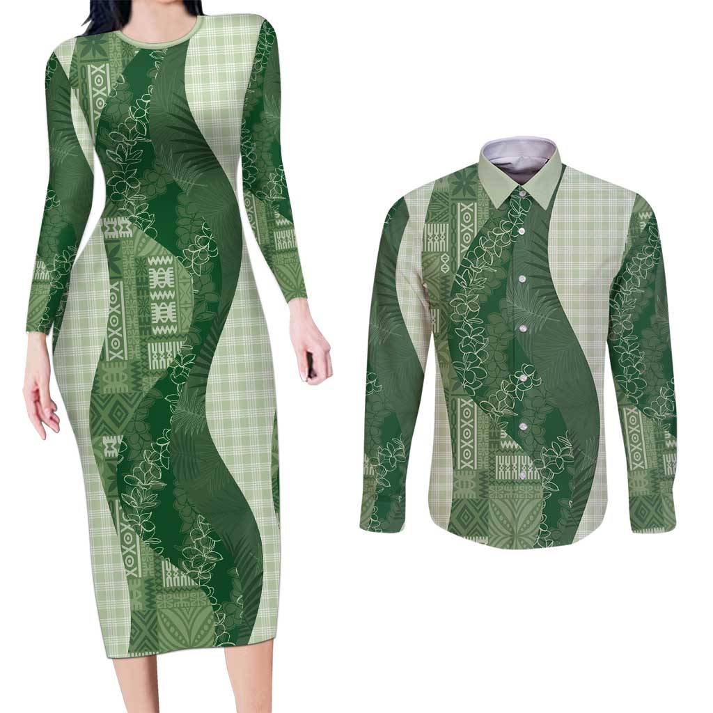 Polynesian Tribal Pattern Patchwork Picturesque Couples Matching Long Sleeve Bodycon Dress and Long Sleeve Button Shirt Sage Green LT7 Sage Green - Polynesian Pride