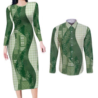 Polynesian Tribal Pattern Patchwork Picturesque Couples Matching Long Sleeve Bodycon Dress and Long Sleeve Button Shirt Sage Green LT7 Sage Green - Polynesian Pride