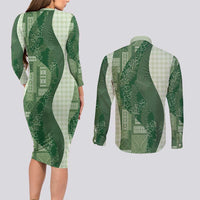 Polynesian Tribal Pattern Patchwork Picturesque Couples Matching Long Sleeve Bodycon Dress and Long Sleeve Button Shirt Sage Green LT7 - Polynesian Pride
