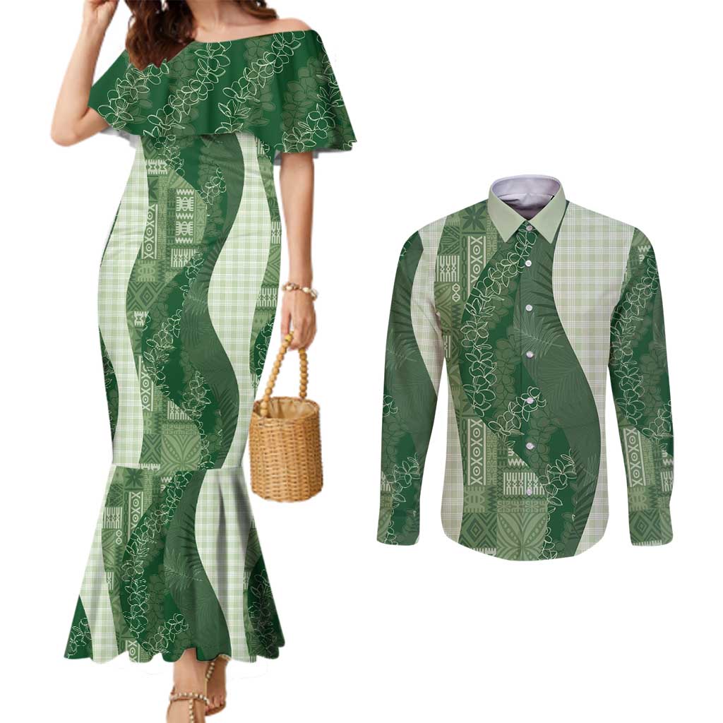 Polynesian Tribal Pattern Patchwork Picturesque Couples Matching Mermaid Dress and Long Sleeve Button Shirt Sage Green LT7 Sage Green - Polynesian Pride