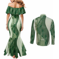 Polynesian Tribal Pattern Patchwork Picturesque Couples Matching Mermaid Dress and Long Sleeve Button Shirt Sage Green LT7 - Polynesian Pride
