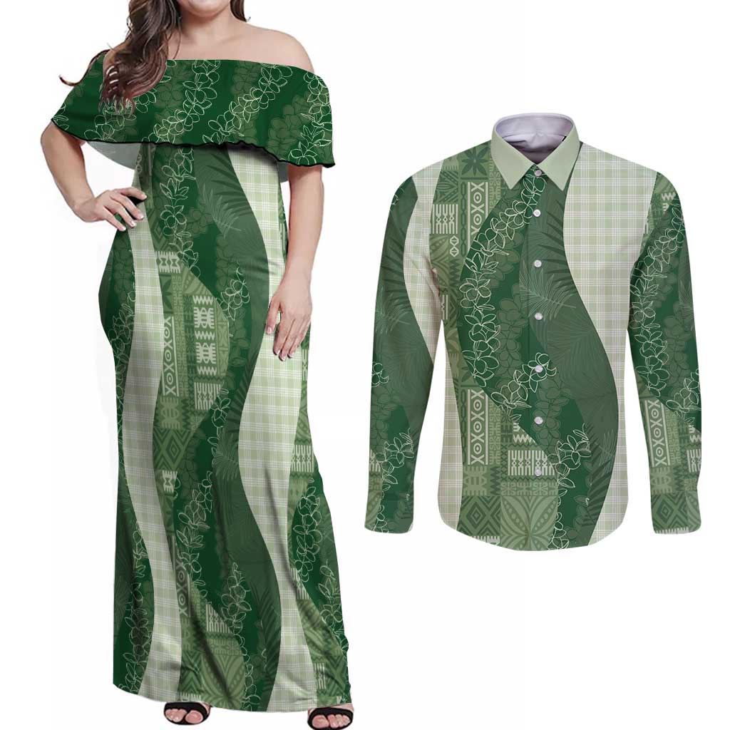 Polynesian Tribal Pattern Patchwork Picturesque Couples Matching Off Shoulder Maxi Dress and Long Sleeve Button Shirt Sage Green LT7 Sage Green - Polynesian Pride