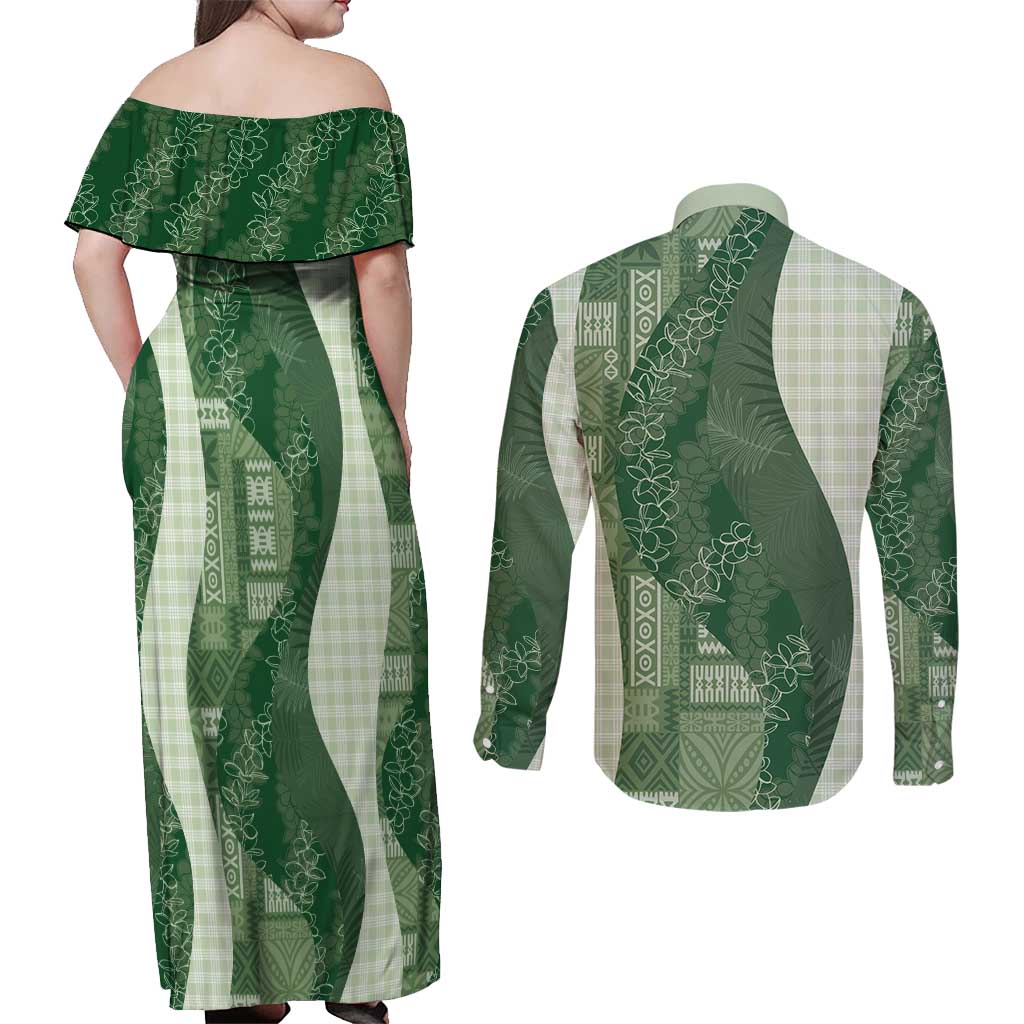 Polynesian Tribal Pattern Patchwork Picturesque Couples Matching Off Shoulder Maxi Dress and Long Sleeve Button Shirt Sage Green LT7 - Polynesian Pride