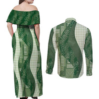 Polynesian Tribal Pattern Patchwork Picturesque Couples Matching Off Shoulder Maxi Dress and Long Sleeve Button Shirt Sage Green LT7 - Polynesian Pride