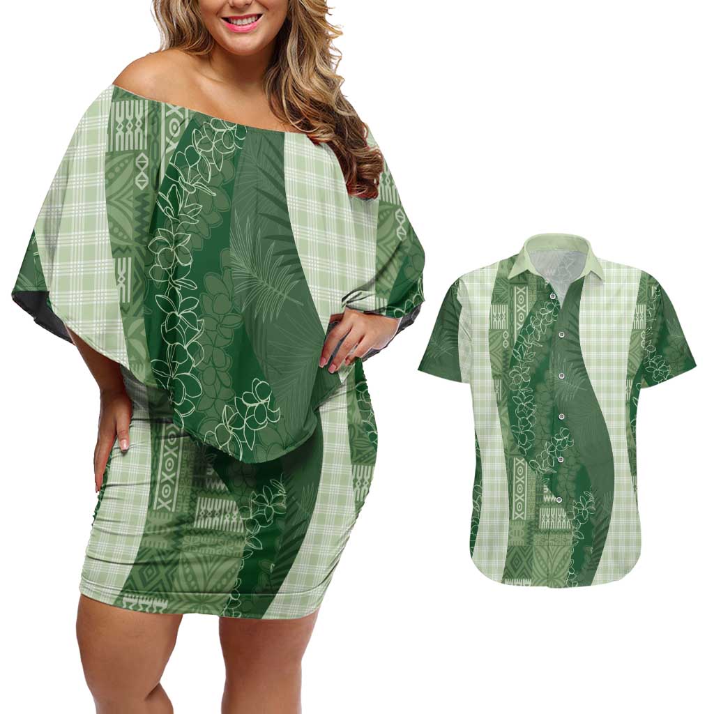 Polynesian Tribal Pattern Patchwork Picturesque Couples Matching Off Shoulder Short Dress and Hawaiian Shirt Sage Green