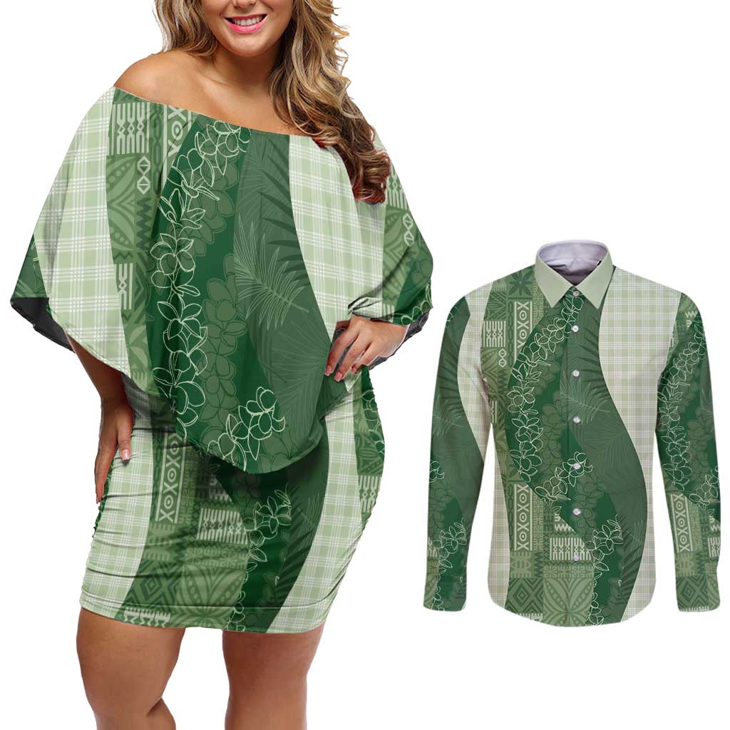 Polynesian Tribal Pattern Patchwork Picturesque Couples Matching Off Shoulder Short Dress and Long Sleeve Button Shirt Sage Green LT7 Sage Green - Polynesian Pride