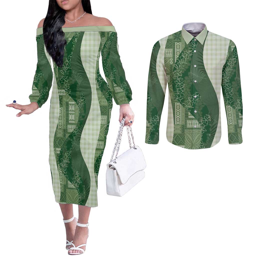 Polynesian Tribal Pattern Patchwork Picturesque Couples Matching Off The Shoulder Long Sleeve Dress and Long Sleeve Button Shirt Sage Green LT7 Sage Green - Polynesian Pride