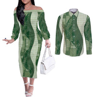 Polynesian Tribal Pattern Patchwork Picturesque Couples Matching Off The Shoulder Long Sleeve Dress and Long Sleeve Button Shirt Sage Green LT7 Sage Green - Polynesian Pride