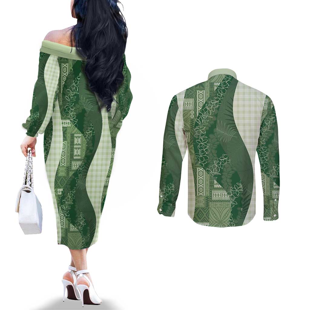 Polynesian Tribal Pattern Patchwork Picturesque Couples Matching Off The Shoulder Long Sleeve Dress and Long Sleeve Button Shirt Sage Green LT7 - Polynesian Pride